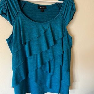 AB Studio asymmetrical top, XL, polyester/spandex, turquoise.